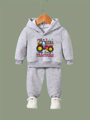 Girls Truck Pattern Hooded Sweatshirt & Solid Sweatpants Set