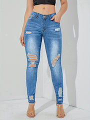 Stretchy High Waist Skinny Jeans with Distressed Slash Pockets