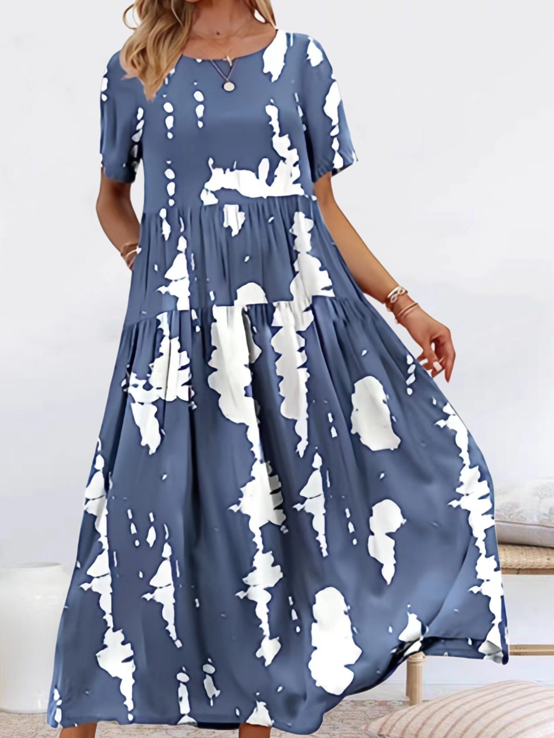 Casual Dress Women's Tie Dye Short Sleeve Maxi Smock Dress
