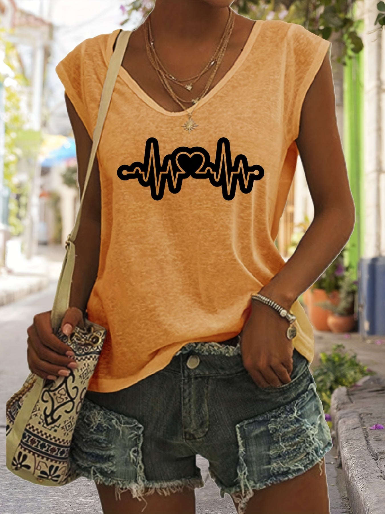 Heart Print V Neck Tank Top Women's Summer Sleeveless Casual Top