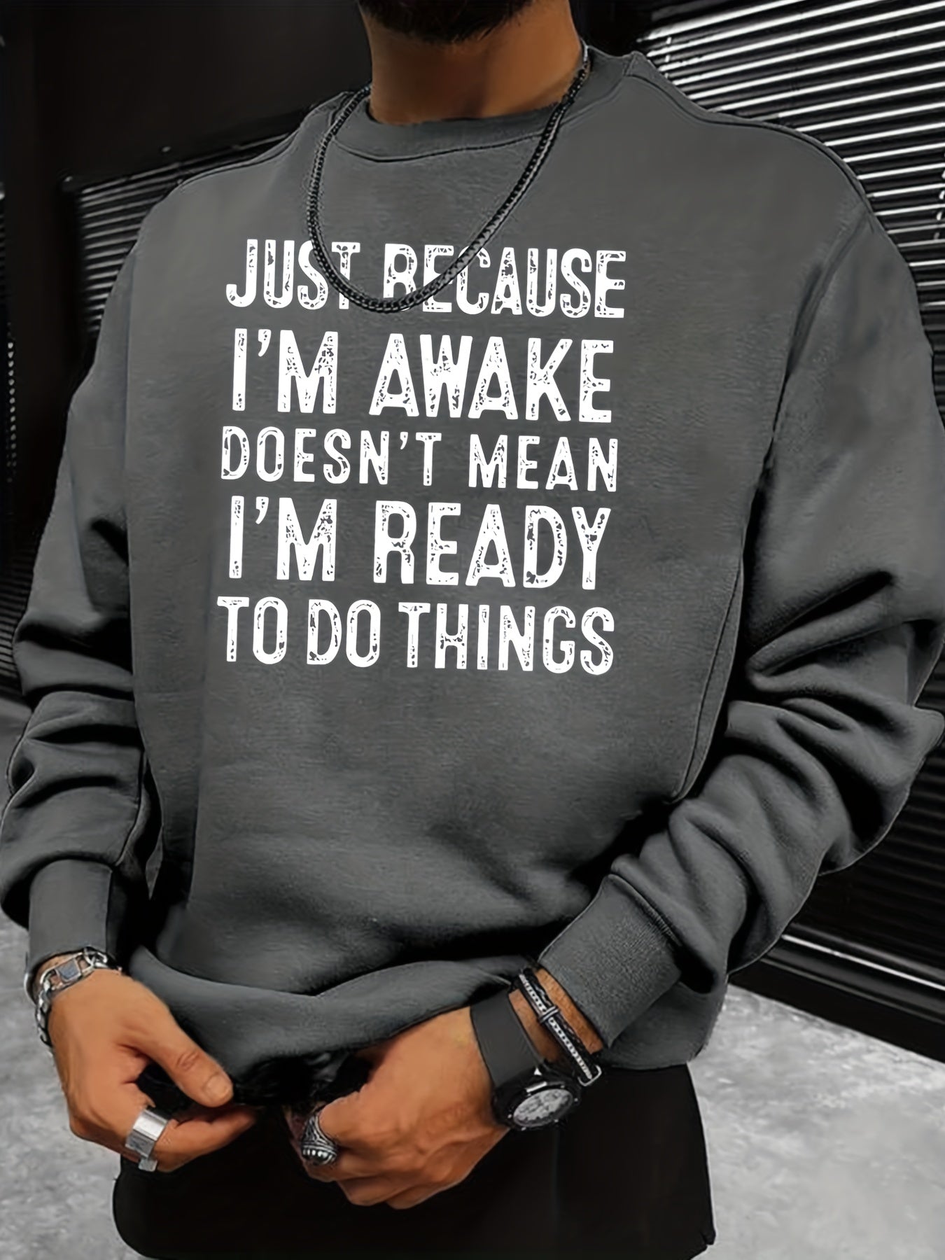 Funny Slogan Print Sweatshirt Men's Casual Graphic Crew Neck Pullover Sweatshirt
