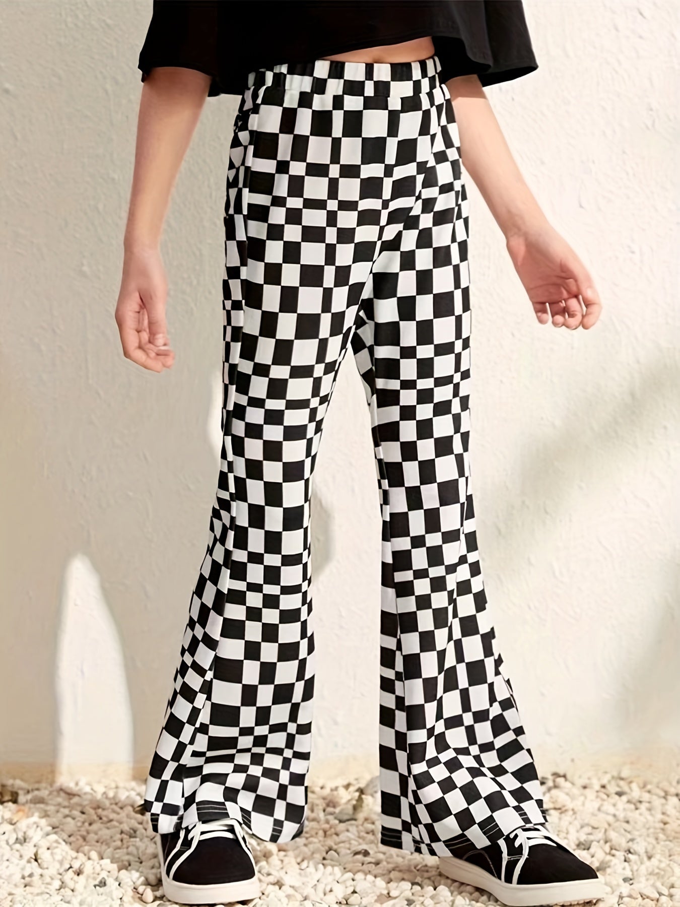 Girl's Plaid High Waisted Flare Leg Pants Stretch Bell Bottom
