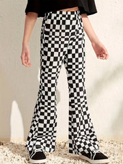 Girl's Plaid High Waisted Flare Leg Pants Stretch Bell Bottom