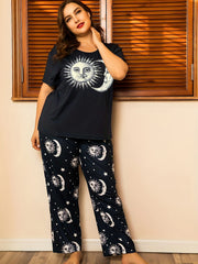 Sun & Moon Print Loungewear Set Short Sleeve T shirt & Pants