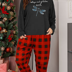 Women's Plus Dragonfly & Slogan Graphic Tee & Plaid Pants Pajama Set