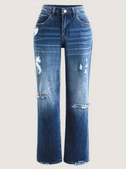 Women's Plus Washed Button Fly Ripped High Rise Wide Leg Jeans