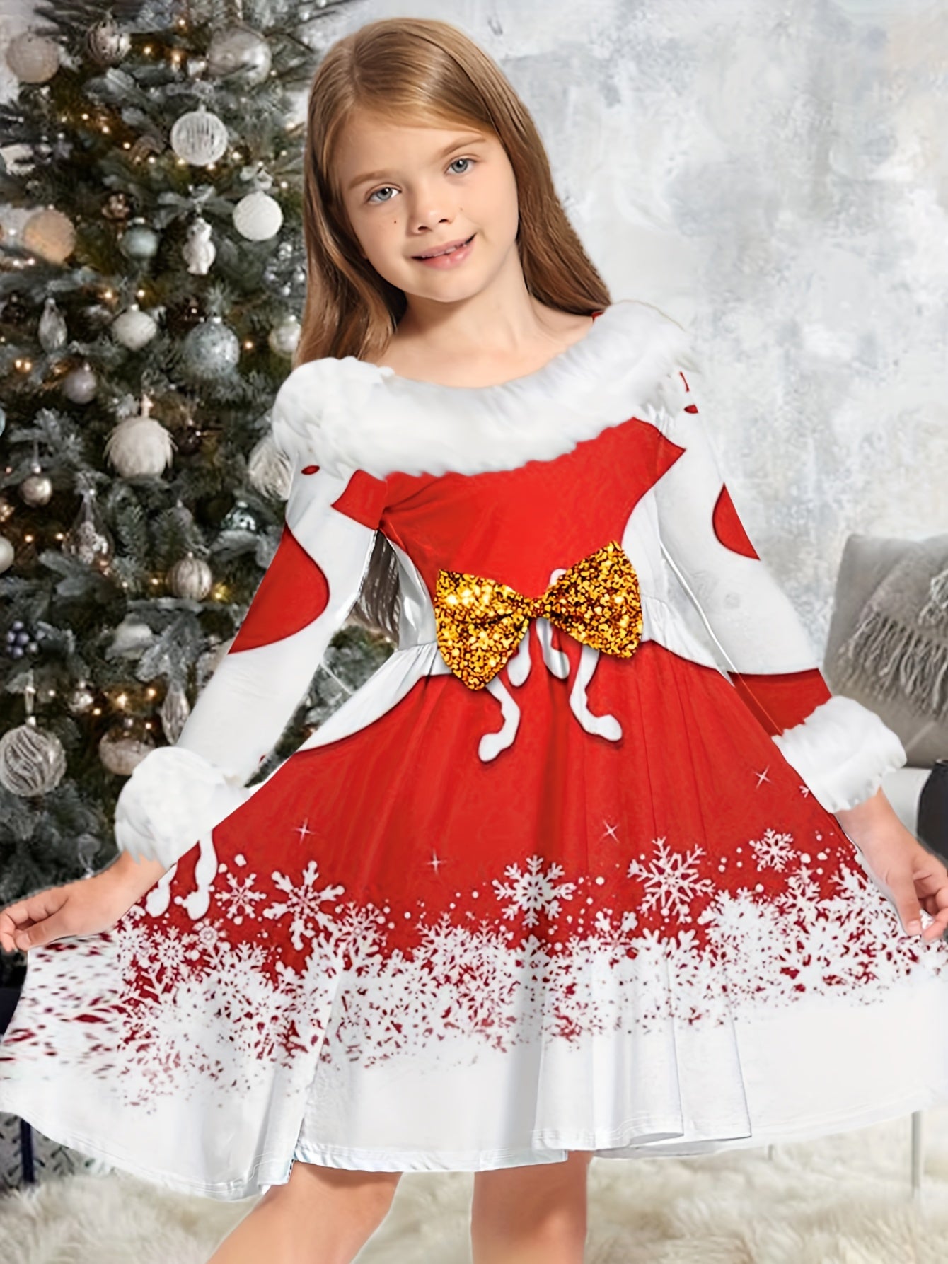 Sweet Snowflake Long Sleeve Dress for Girls