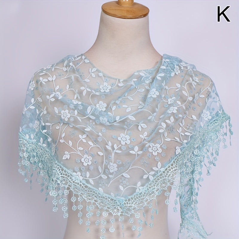 Lace Tassel Triangle Scarf Solid Flower Embroidery Shawl Mesh