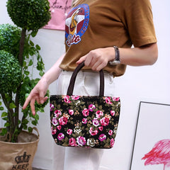 Rose Flower Pattern Handbag Canvas Tote Bag For Shopping & Travel