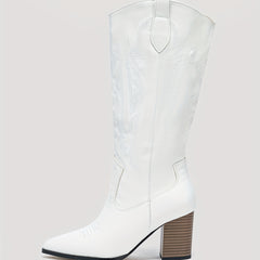 Women's Embroidered Cowboy Boots Block Heel V Cut Knee High Western Boots