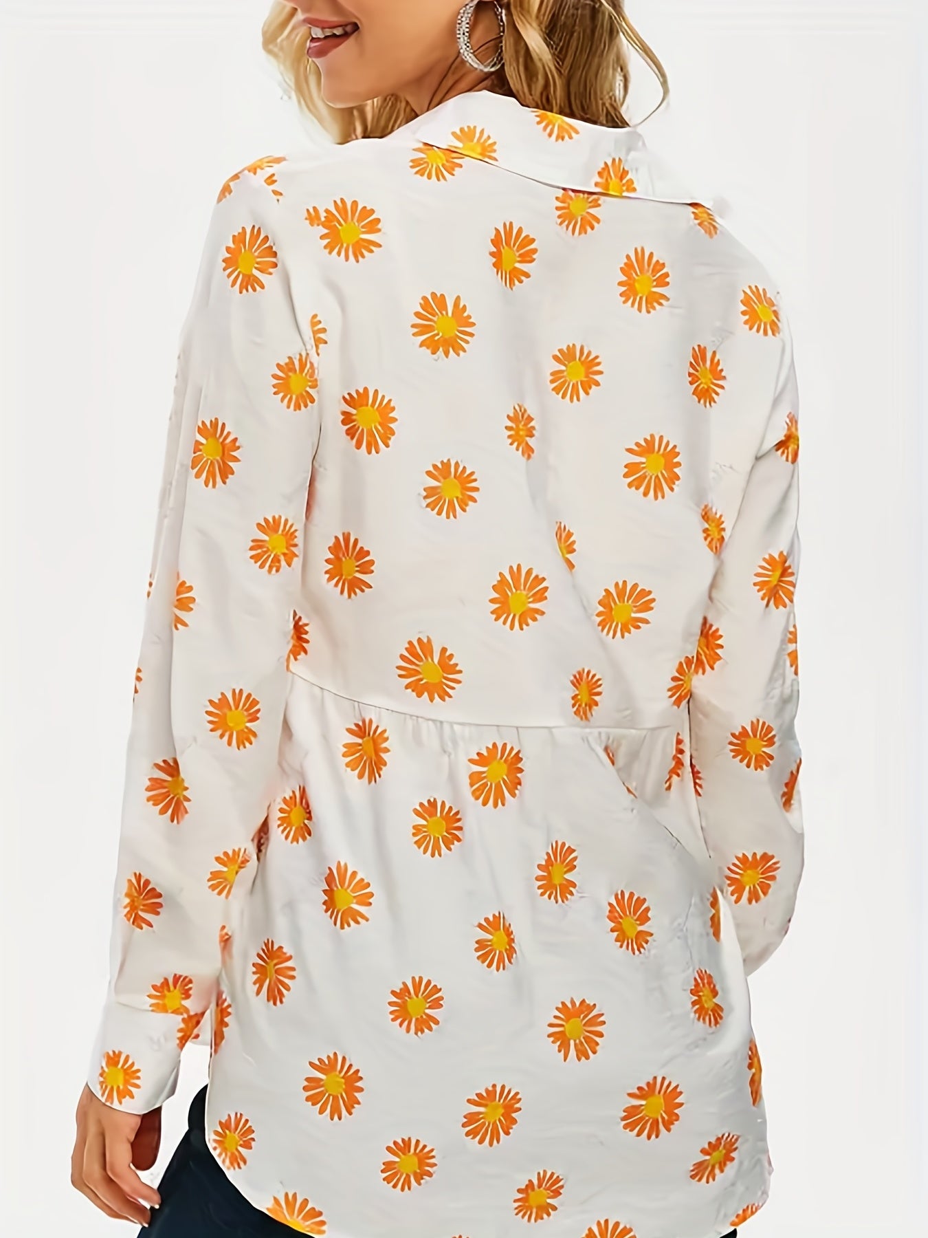 Daisy Print Long Sleeve Button Up Collar Shirt