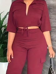 Solid V Neck Top & Pants Set