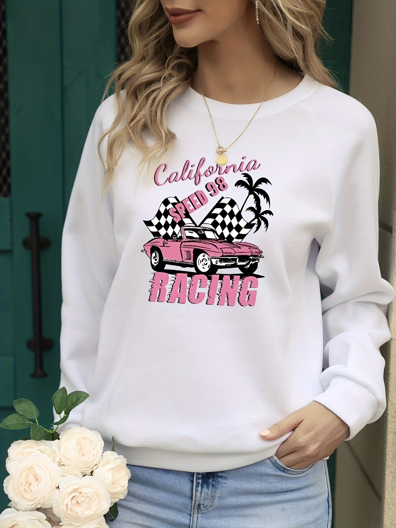 California Racing Print Crew Neck Sweatshirt for Women