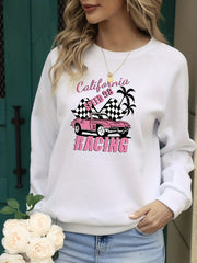 California Racing Print Crew Neck Sweatshirt for Women
