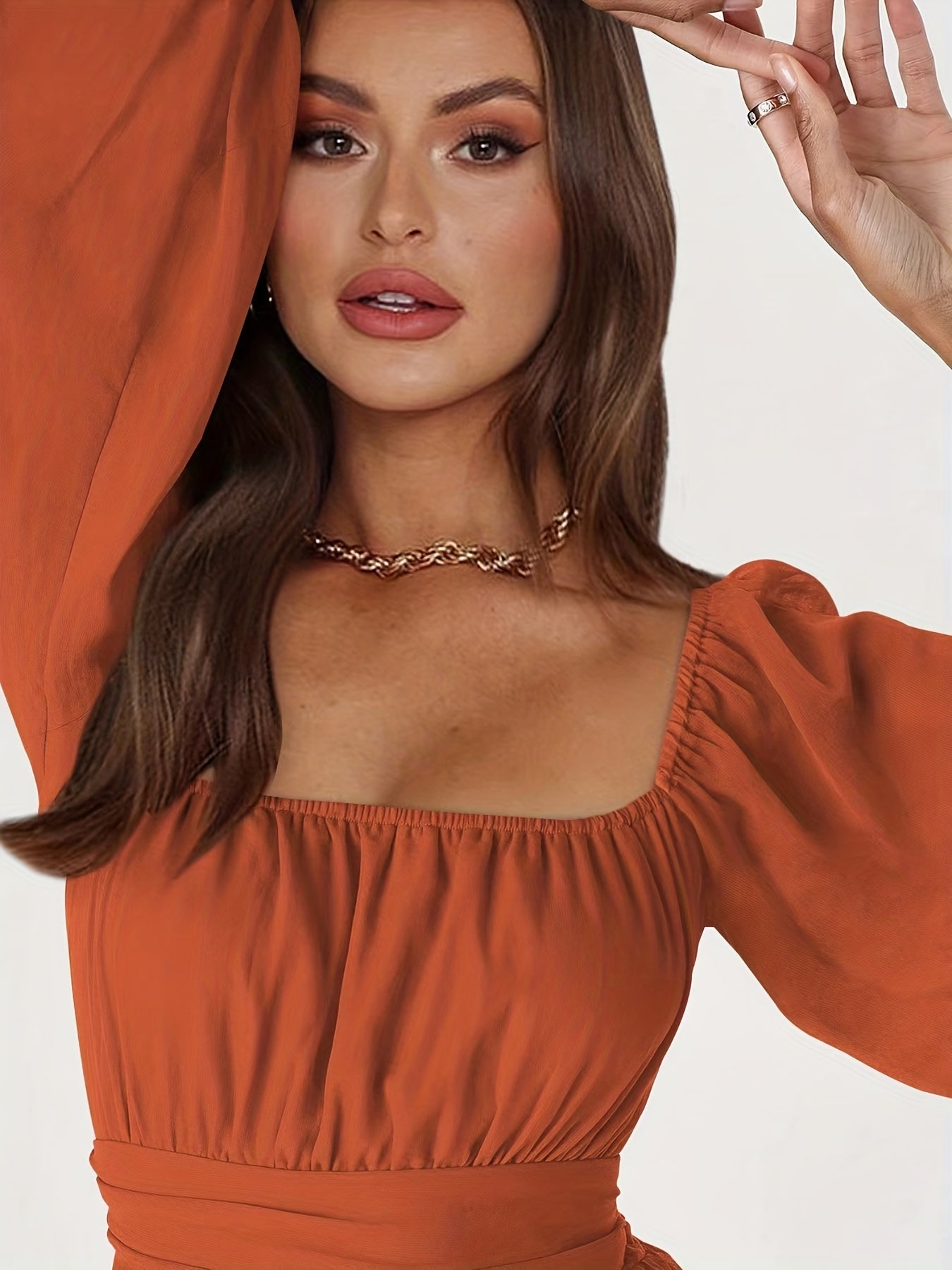 Solid Square Romper Jumpsuit Long Sleeve