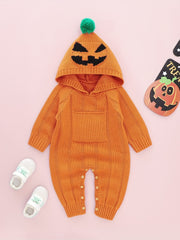 Baby Pumpkin Pattern Sweater Knit Bodysuit Halloween Party Hooded Romper
