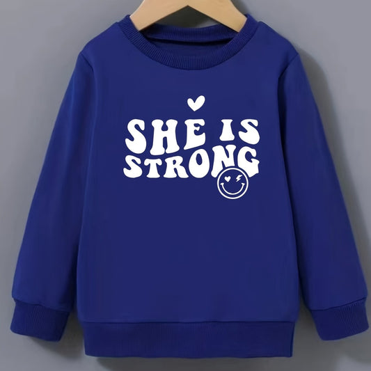 Girls Strong Smile Pattern Sweatshirt Round Neck Long Sleeve Top Pullover