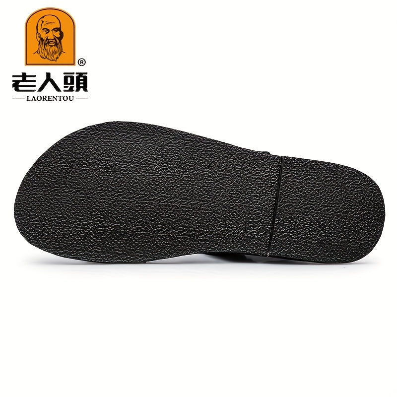 LAORENTOU Men's Leather Hook And Loop Sandals Non Slip Comfy Beach Shoes