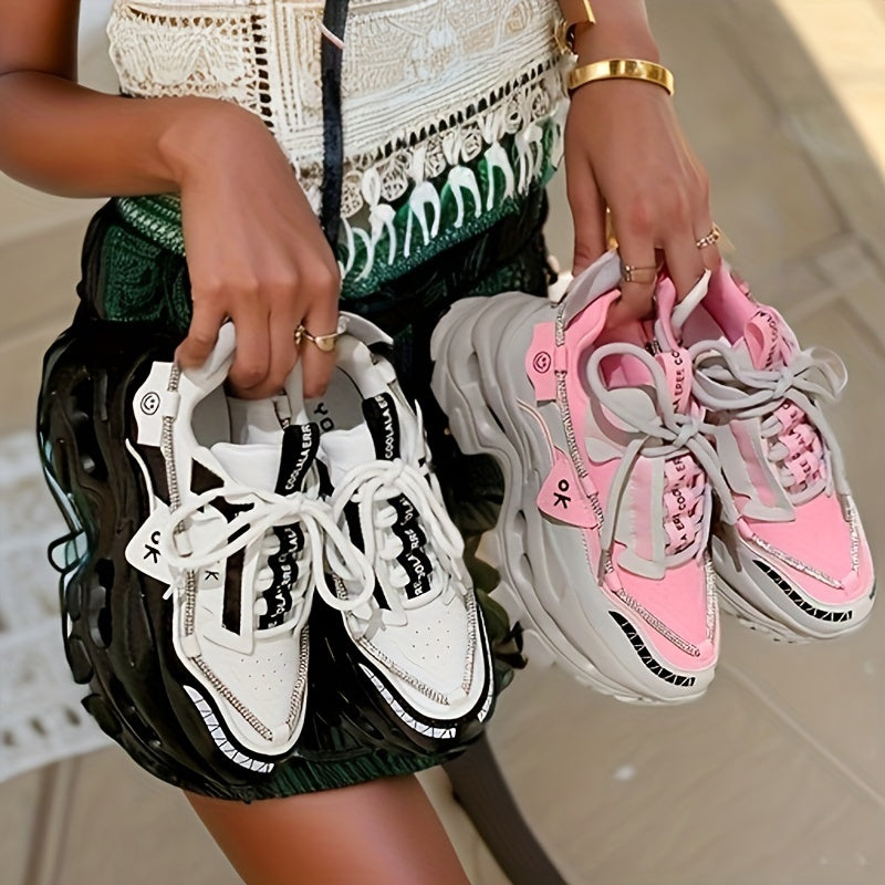 Chunky Rhinestone Platform Lace Up Walking Shoes