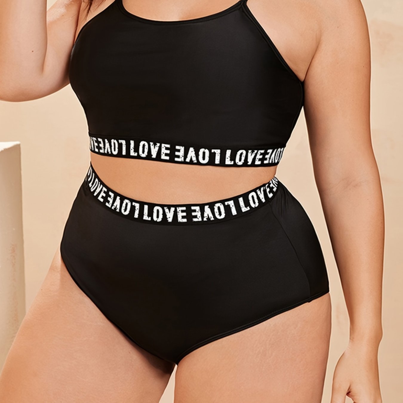 Letter Tape Crop Cami Top & Underwear Bikini Set