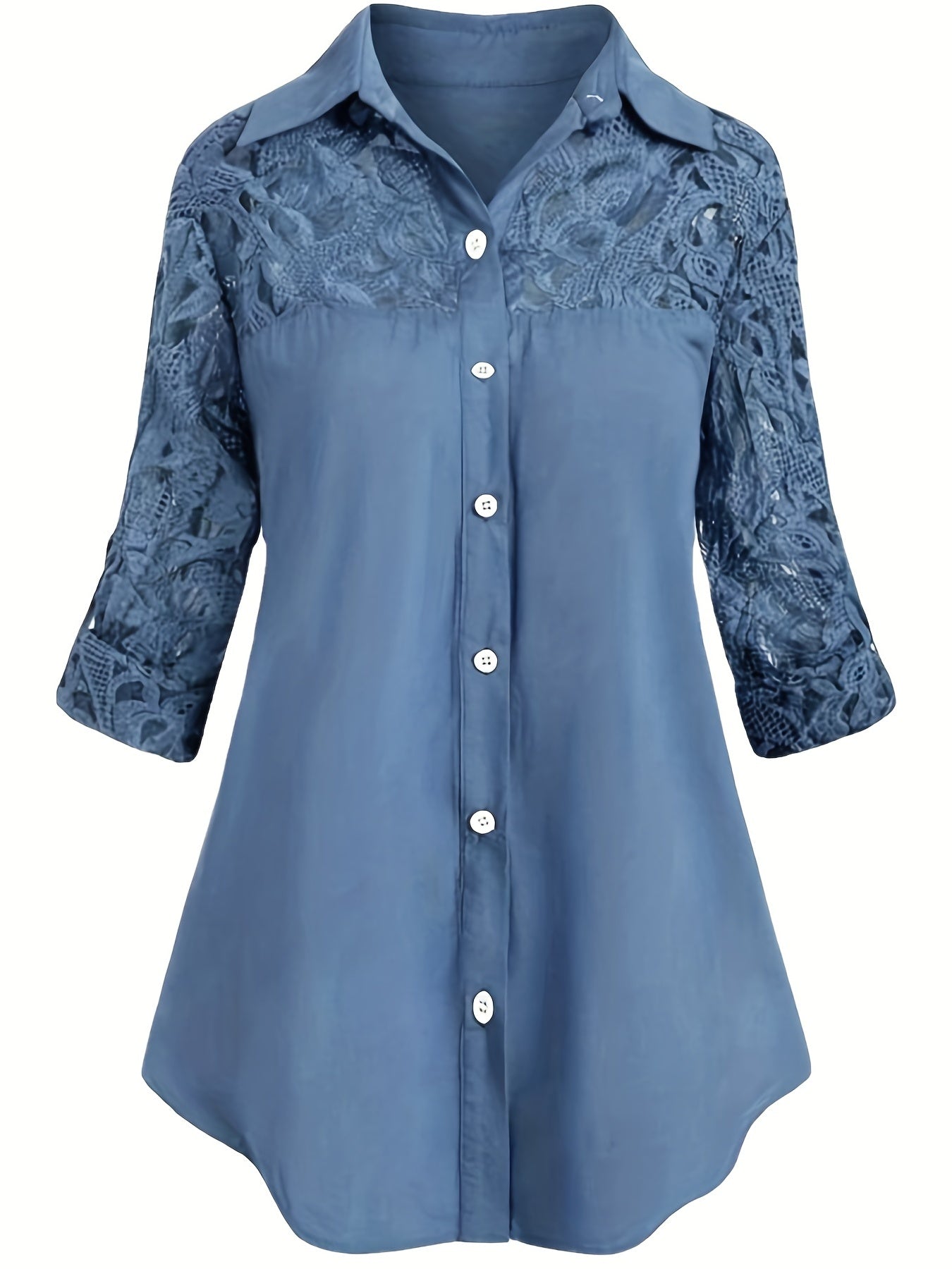 Casual Blouse Women's Contrast Lace Button Up Roll Up Sleeves