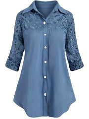 Casual Blouse Women's Contrast Lace Button Up Roll Up Sleeves