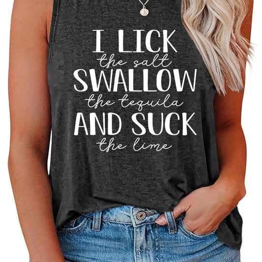 Women's Casual Tank Top Slogan Print Round Neck Stretch Top