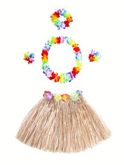 Hawaiian Grass Skirt & Flowers Set for Girls