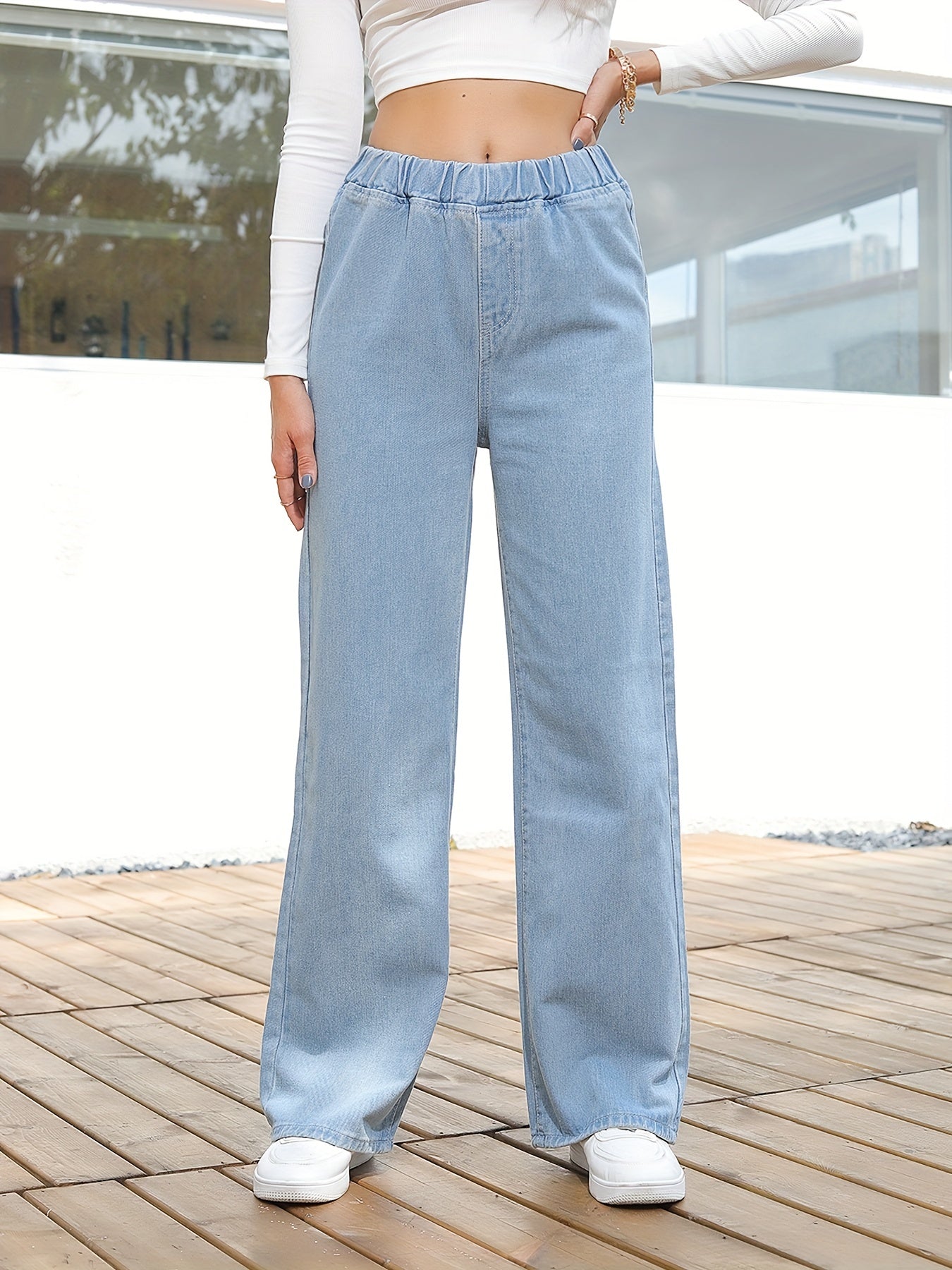 Wide Legs Straight Jeans Elastic Waist Loose Fit Denim Pants
