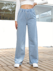 Wide Legs Straight Jeans Elastic Waist Loose Fit Denim Pants