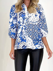Plus Size Chinoiserie Print Long Sleeve Blouse