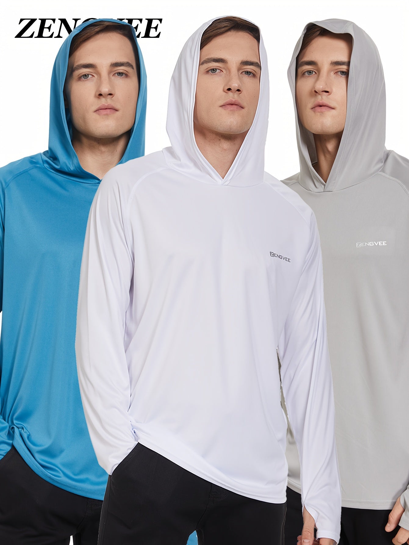 3 Pcs Men's UPF 50 Sun Protection Hoodie Long Sleeve Quick Dry Tops
