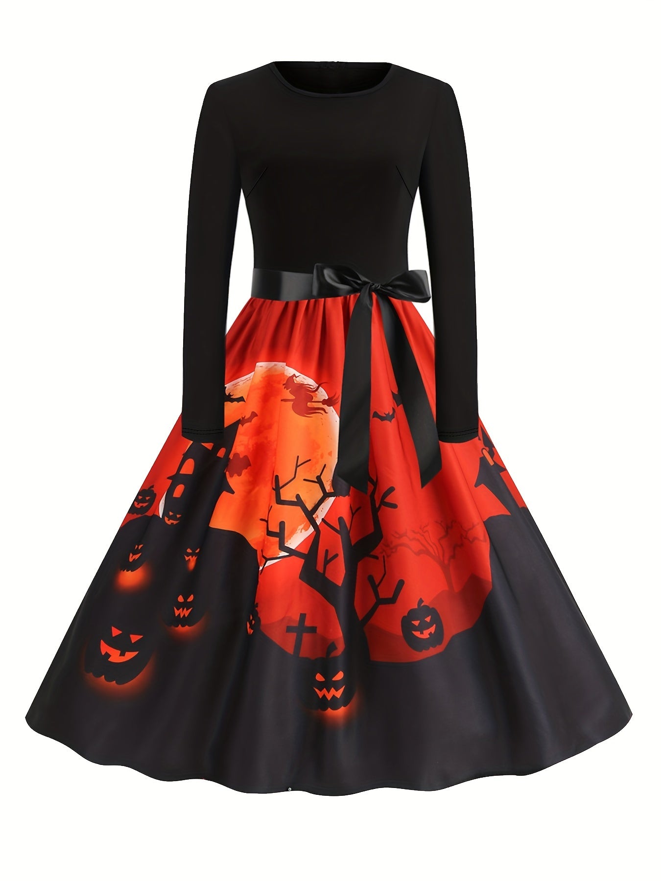 Plus Size Gothic Halloween Dress Colorblock Pumpkin Print Swing Party Dress