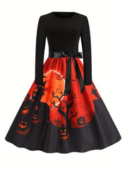Plus Size Gothic Halloween Dress Colorblock Pumpkin Print Swing Party Dress