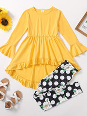 2pcs Girl Floral High Low Tee & Polka Dots Leggings Set Spring Fall