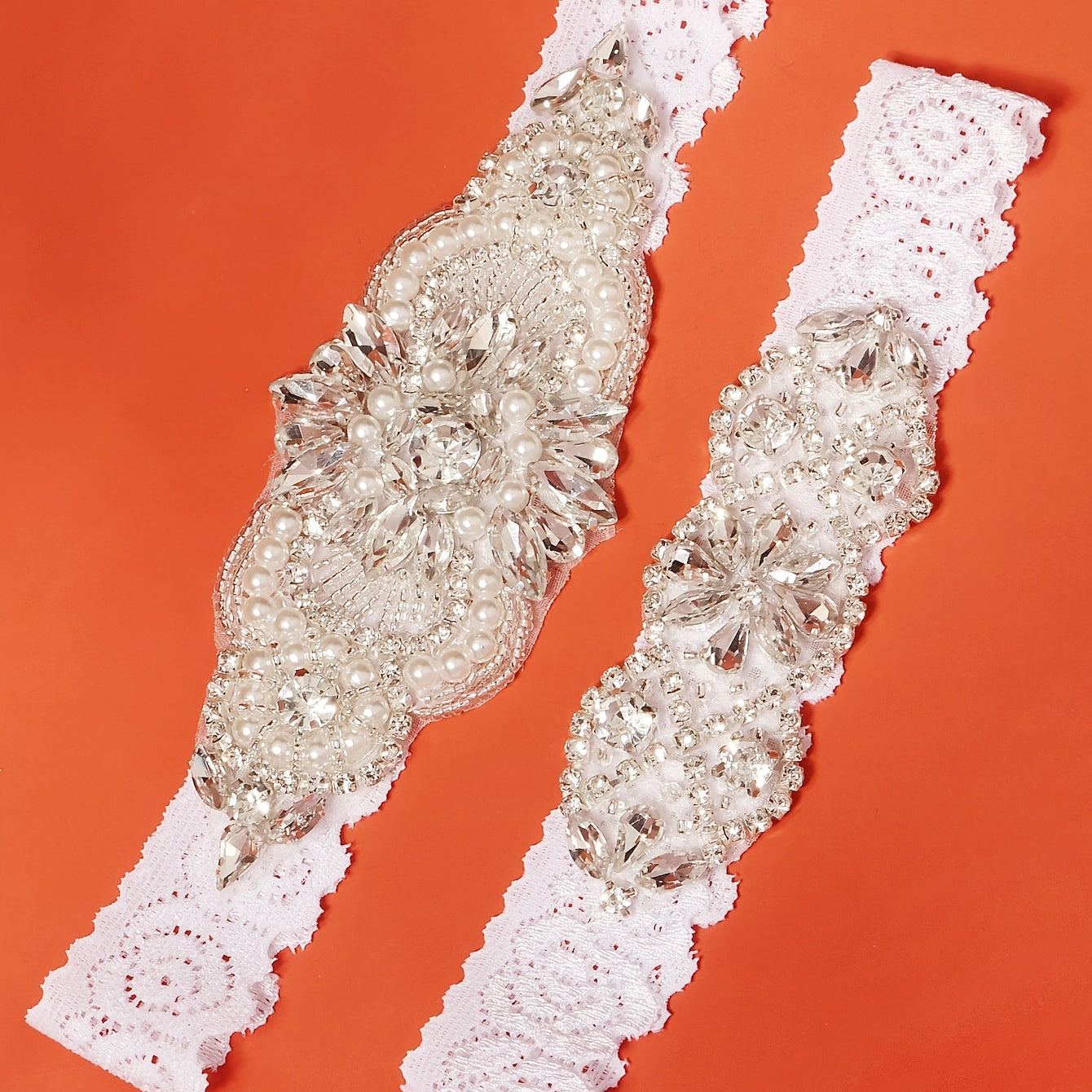 Lace Bridal Garter Set Clear Rhinestones Crystal Faux Pearl 2pcs