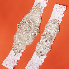 Lace Bridal Garter Set Clear Rhinestones Crystal Faux Pearl 2pcs