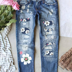 Floral Print Ripped Button Fly Jeans
