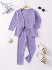 Girl's Waffle Pattern 2pcs Cami Top & Cardigan & Pants Set