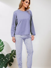 Plaid Print Long Pajamas Set Crew Neck Top & Comfortable Pant
