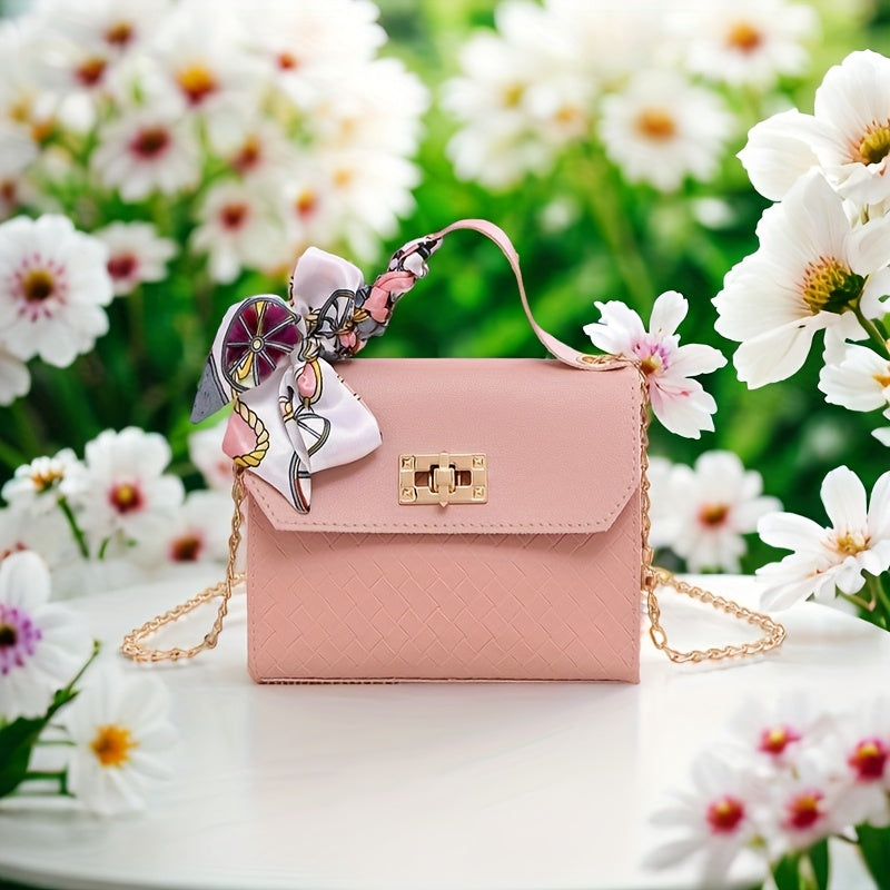 Pink Faux Leather Handbag with Geometric Pattern & Scarf Chain