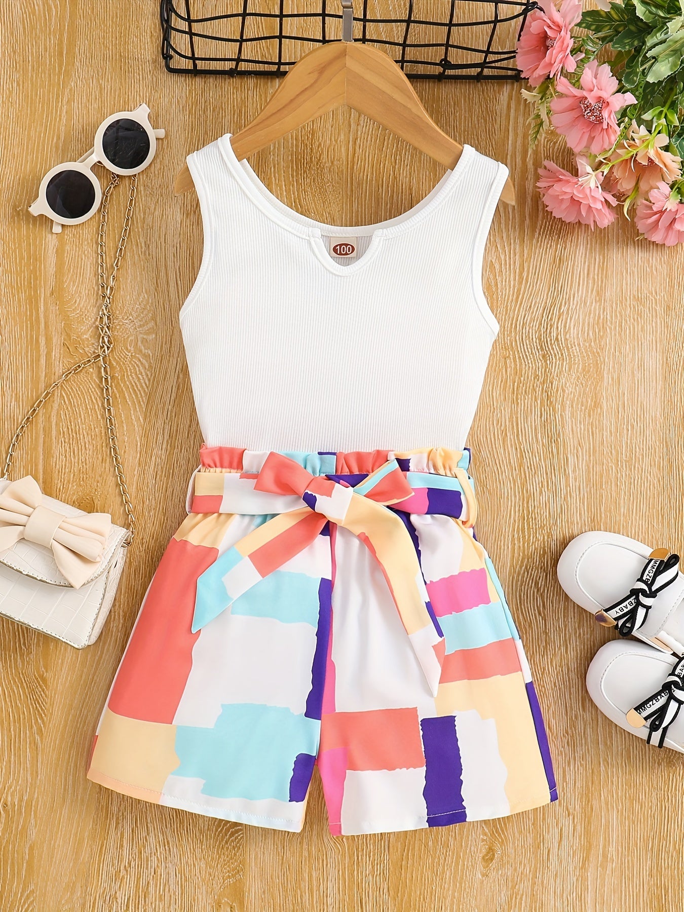 2pc Toddler Girls Ribbed Knit Tank Tops & Belted Shorts Set