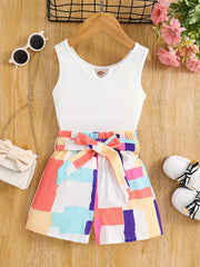2pc Toddler Girls Ribbed Knit Tank Tops & Belted Shorts Set
