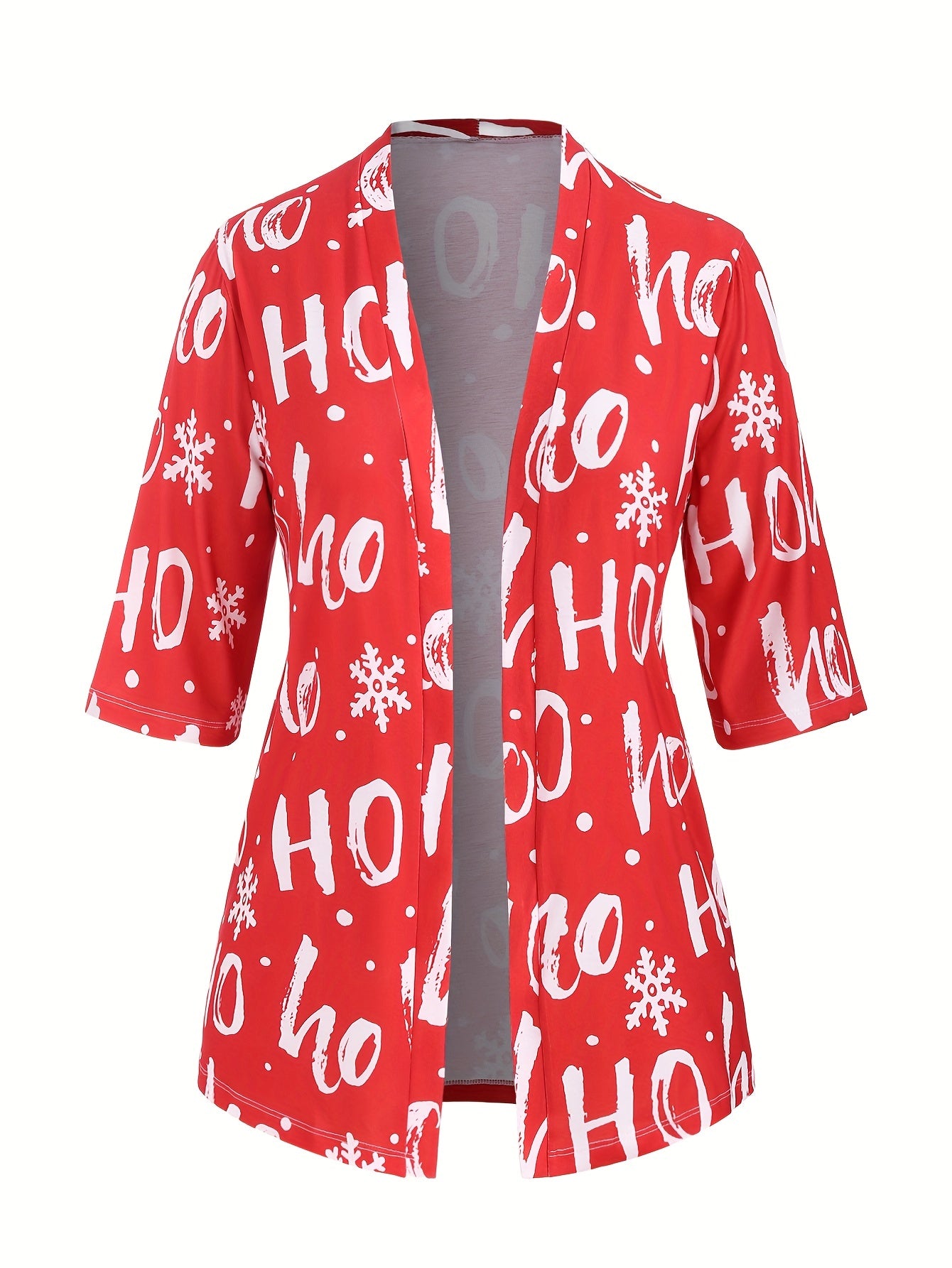 Casual Cardigan Women's Plus Letter & Snowflake Print Cardigan