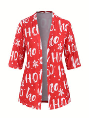 Casual Cardigan Women's Plus Letter & Snowflake Print Cardigan