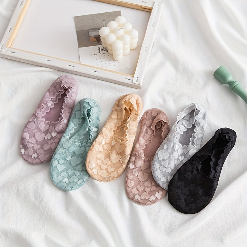 6 Pairs Heart Mesh Socks Lace Ankle No Show Women's Stockings