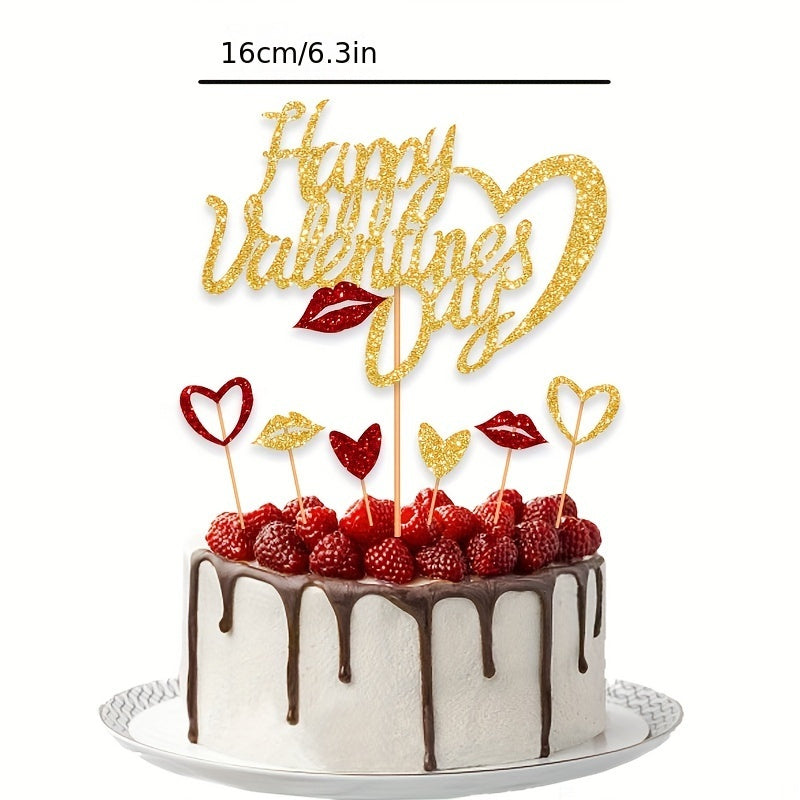 7pcs Glitter Sweet Love Cake Toppers Paper Insert Cake Picks Cake Decorations