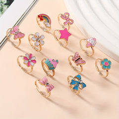 12pcs Cartoon Flower Butterfly Rainbow Star Adjustable Ring Set For Girls