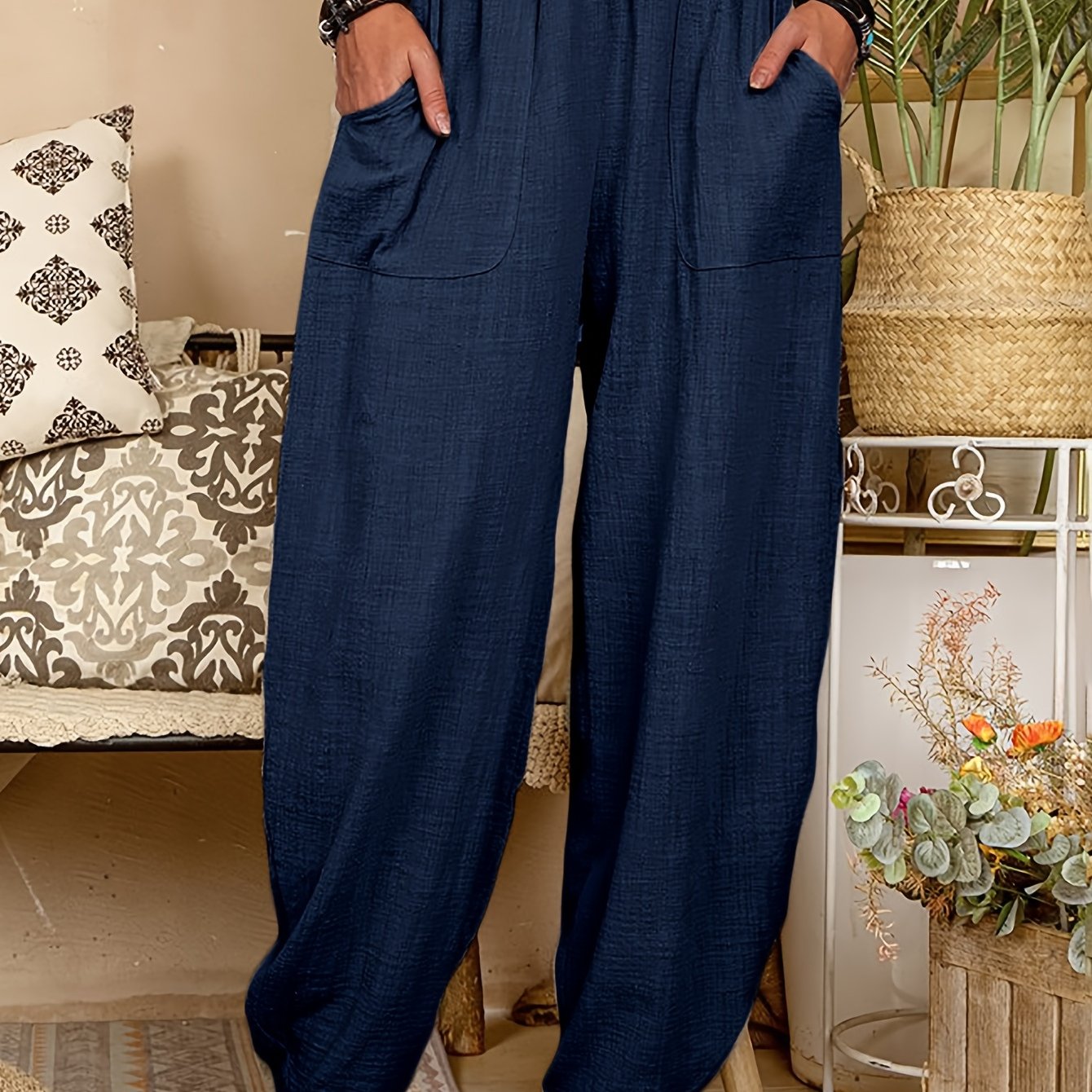 Women's Solid Elastic High Waist Casual Pants