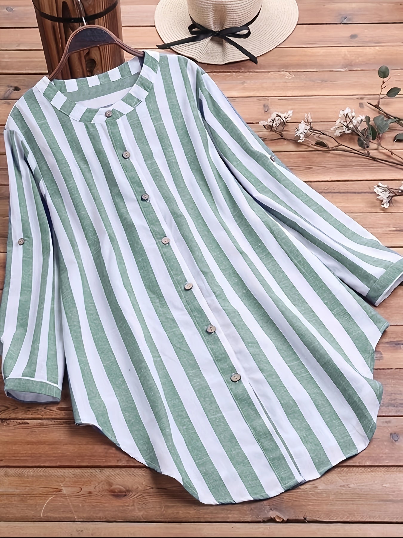 Plus Stripe Print Button Up Round Neck Long Sleeve Blouse